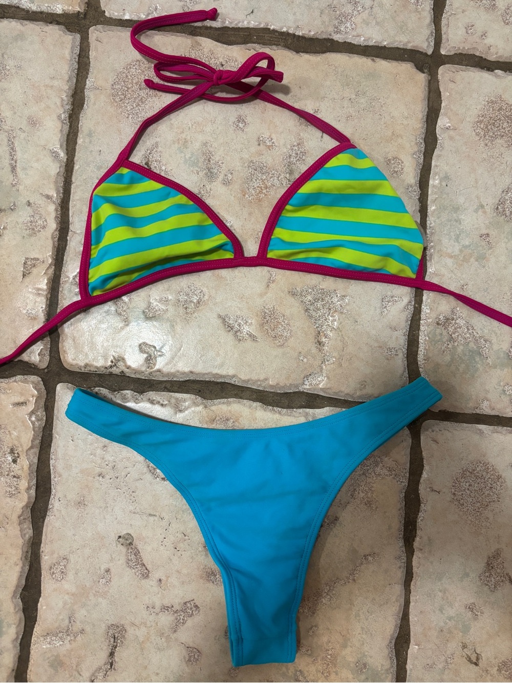 Vintage y2k Neon Color block Mix & Match Set bikini Blue & Lime Stripe medium